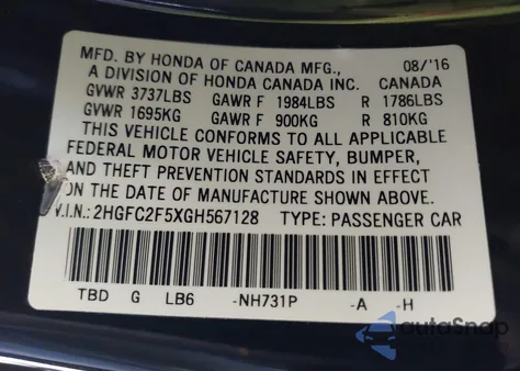 2016 Honda Civic Lx from USA, damaged, VIN 2HGFC2F5XGH567128
